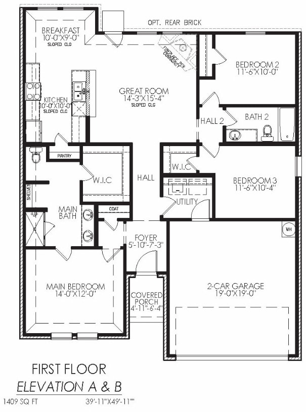 Architectural floor plan of a single-story residential home with three bedrooms, two bathrooms, and a two-car garage.