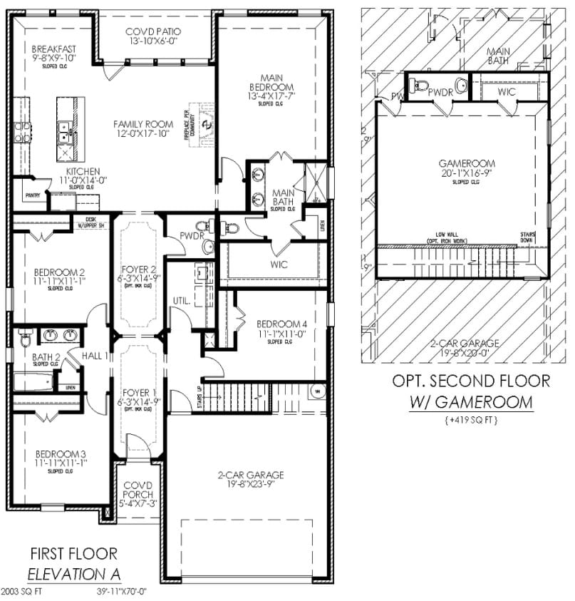 Architectural blueprint of a two-story residential home with optional second floor layout.