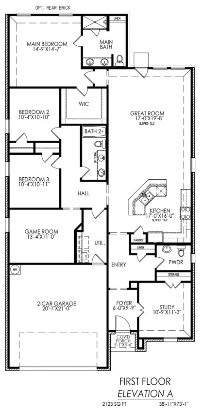 Architectural floor plan of a two-story residential home showing room layout and dimensions for the first level.