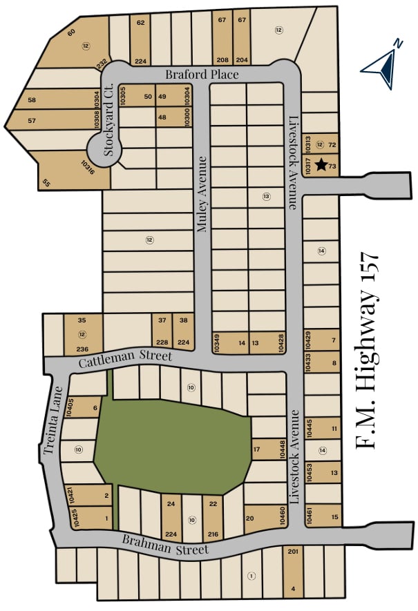 Illustration of a stylized city block map with labeled streets and plots.