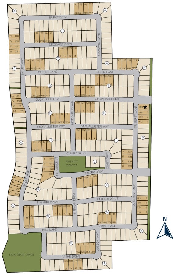 Illustration of a residential area layout with labeled streets and lot divisions.