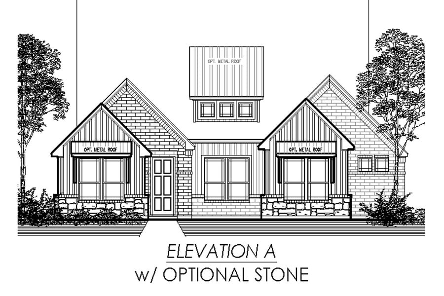 Architectural rendering of a single-story residence labeled "elevation a with optional stone.