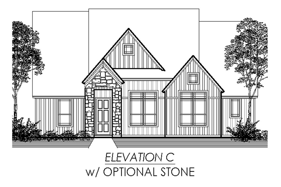 Architectural line drawing of a single-story residential home with a gabled roof and optional stone facade, labeled "elevation c.