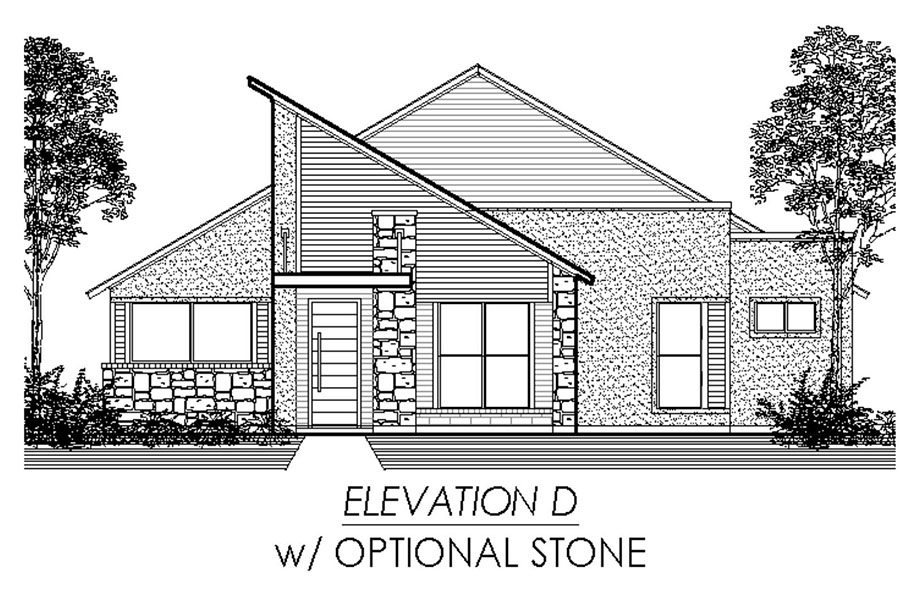 Architectural line drawing of a single-story house facade, labeled "elevation d w/ optional stone.