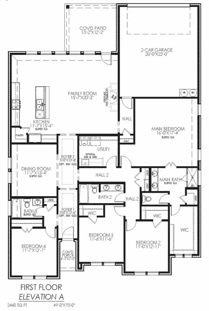 Black and white architectural floor plan of a one-story residence, showing room layouts, dimensions, and labeling.