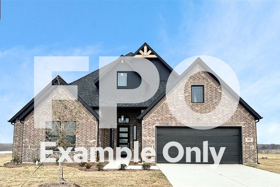 A watermark labeled "example only" overlaid on an image of a brick suburban house with a two-car garage under a clear sky.