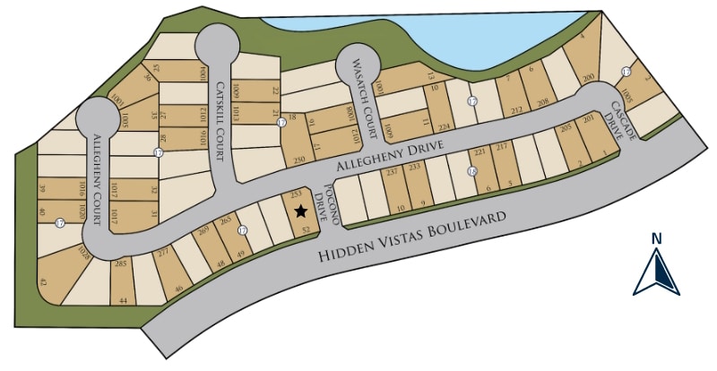 Schematic layout of a residential subdivision showing lots, streets, and a compass indicating north.