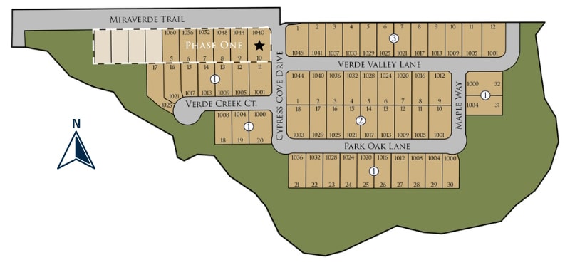 A schematic layout of a residential subdivision indicating phase one development with named streets and plotted homesites.