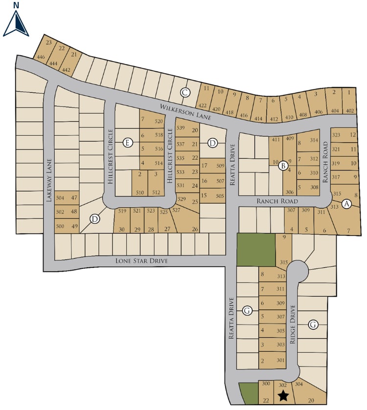 A graphic of a residential subdivision layout with labeled lots, streets, and designated green spaces.