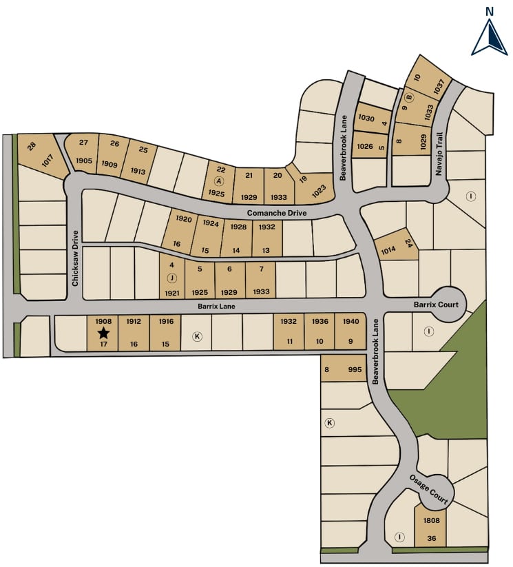 Illustrated neighborhood map with numbered plots, street names, and a compass for orientation.