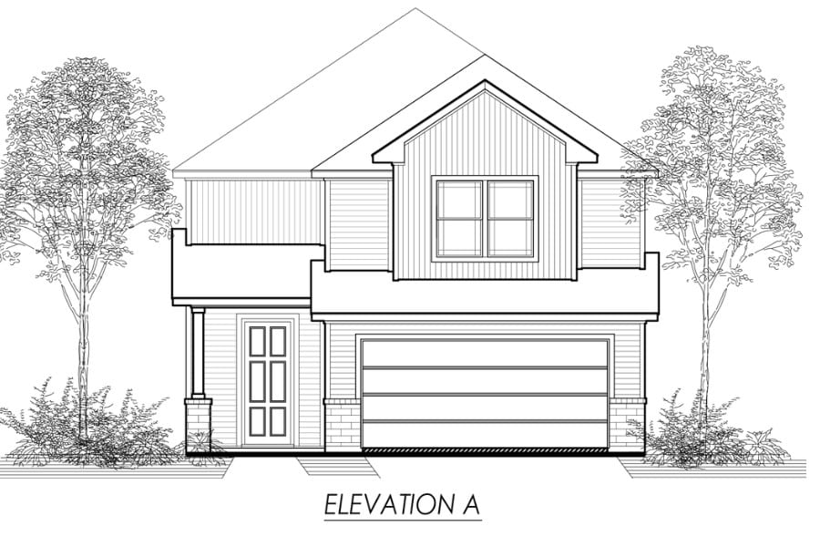 Architectural line drawing of a two-story house with a front elevation view, labeled "elevation a".