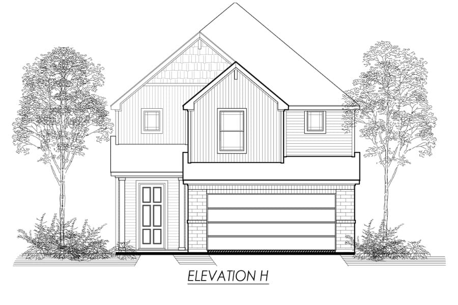 Architectural elevation drawing of a two-story house with a garage and trees.