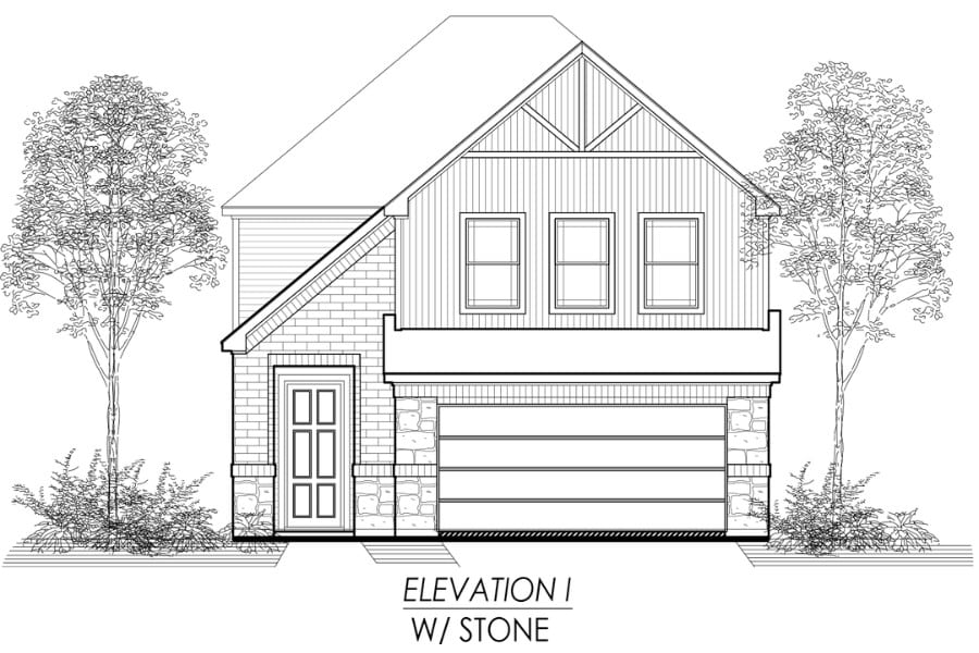 Architectural line drawing of a single-family home with a stone elevation.
