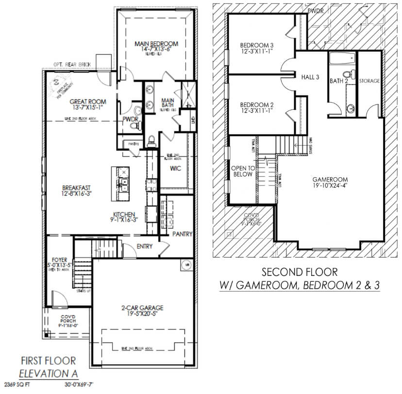 Two-story house floor plan with a game room, three bedrooms, and a two-car garage.