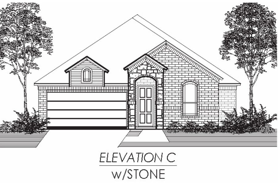 Architectural line drawing of a single-story house with a front gable, garage, and stone facade detailing, designated as "elevation c w/stone.