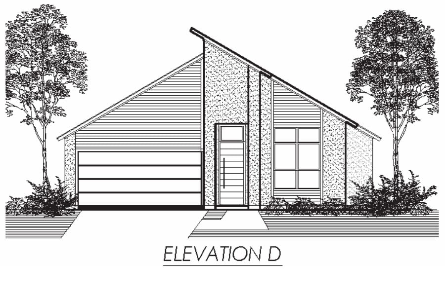 Architectural elevation drawing of a single-story house with a garage.