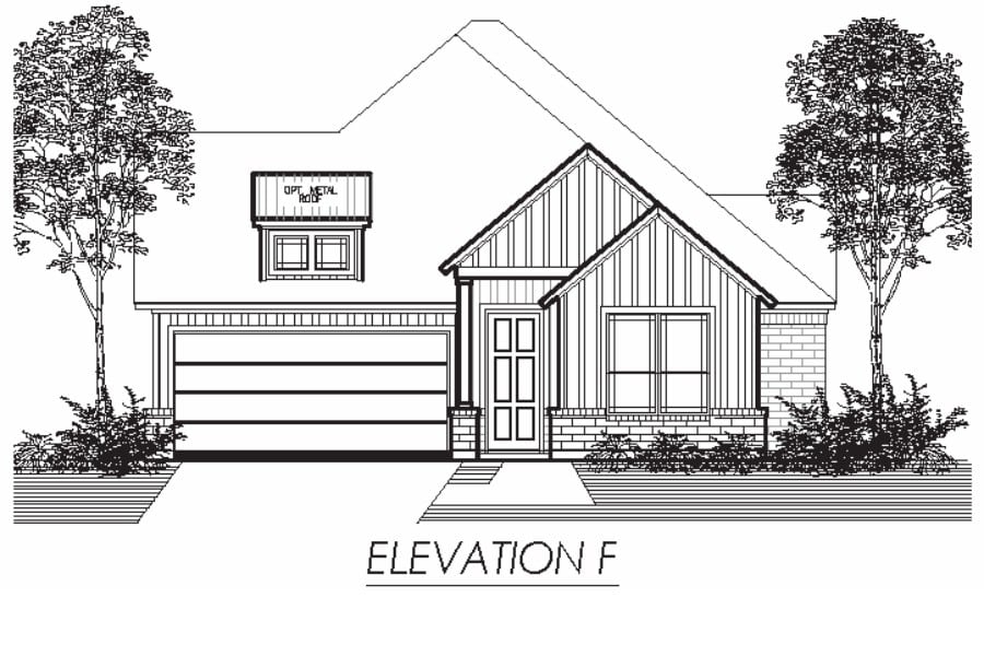 Black and white architectural drawing of a modern single-story house with a garage and trees.