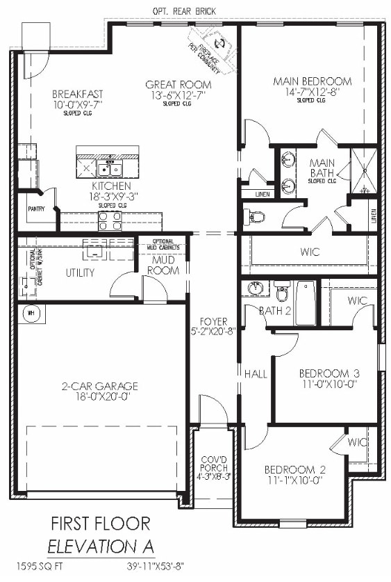 Architectural floor plan of a two-story residence, highlighting the first-floor layout including a great room, kitchen, bedrooms, and garage.