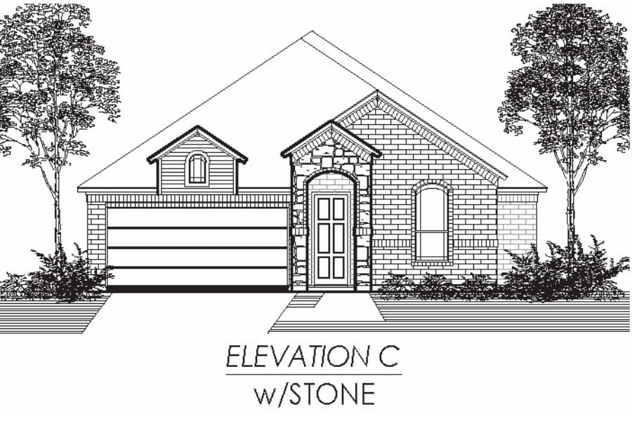 Architectural drawing of a single-story house front elevation labeled "elevation c w/stone.