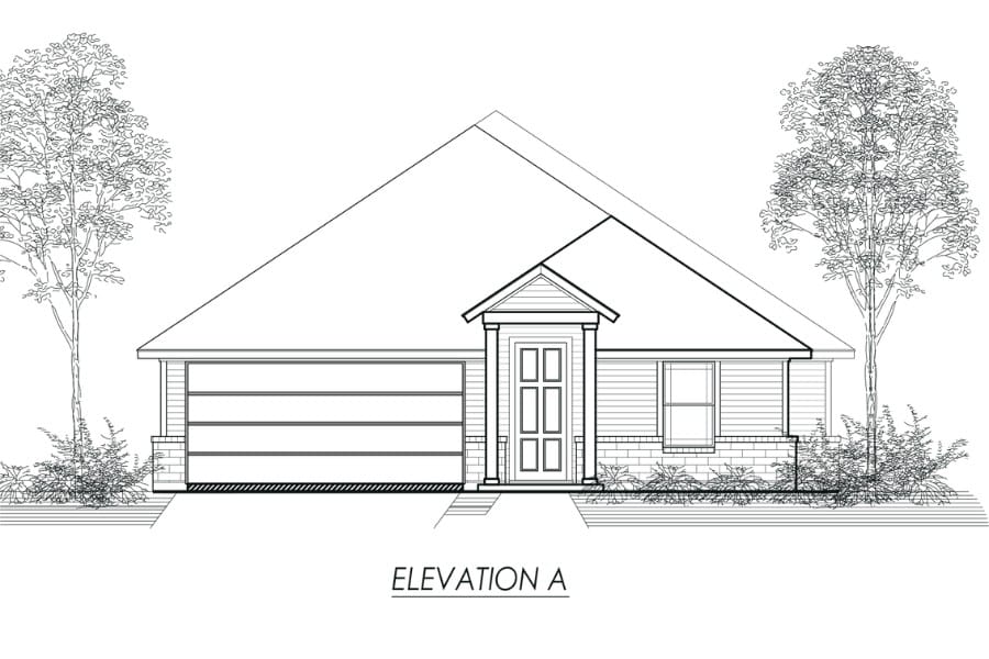 Architectural line drawing of a single-story house with a garage and labeled "elevation a.