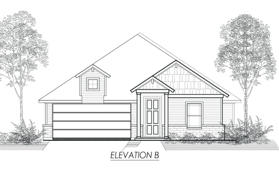 Architectural drawing of a single-story residential house elevation labeled "elevation b".