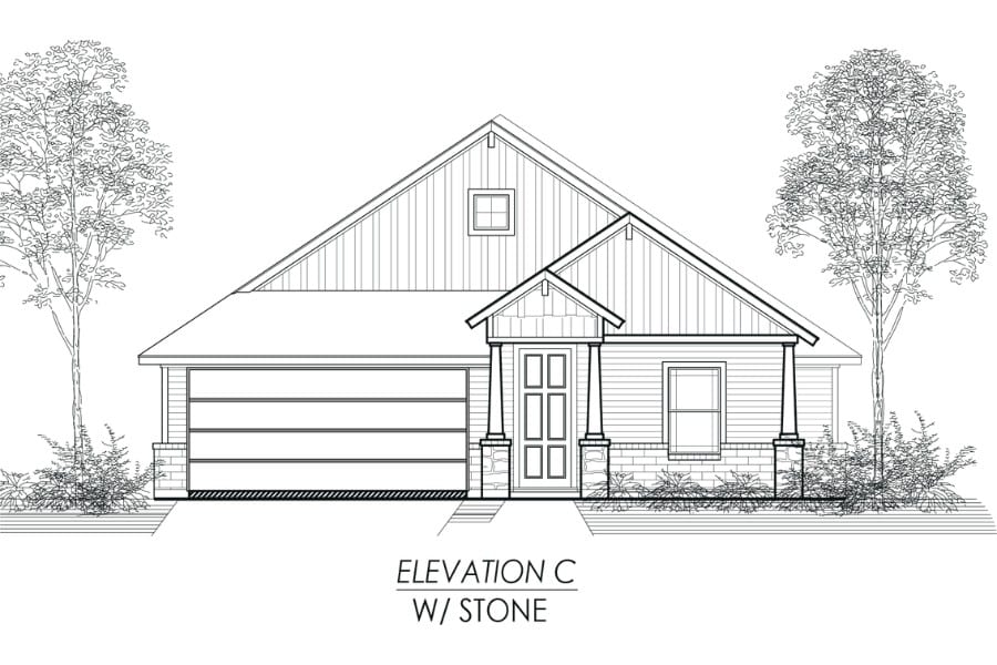Architectural drawing of a single-story house elevation labeled "elevation c w/ stone" with trees in the background.