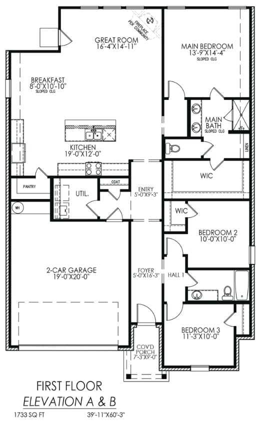 Black and white floor plan of a two-story residential home showing the layout for the first floor which includes a great room, kitchen with breakfast area, utility room, two-car garage, and three bedrooms including a main bedroom with ensuite bathroom and walk-in closets.