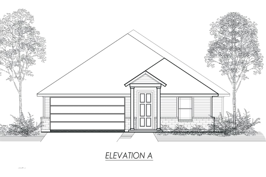 Architectural elevation drawing of a single-story residential house with an attached garage.