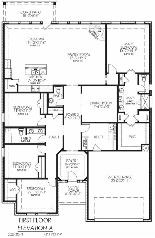Architectural floor plan of a two-story residential house with labeled rooms and dimensions.
