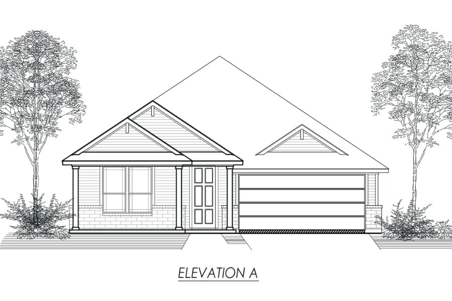 Architectural line drawing of a single-story residential house with a front elevation view, labeled "elevation a".
