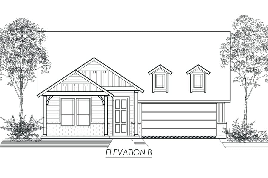 Architectural drawing of a single-family home's front elevation labeled "elevation b.