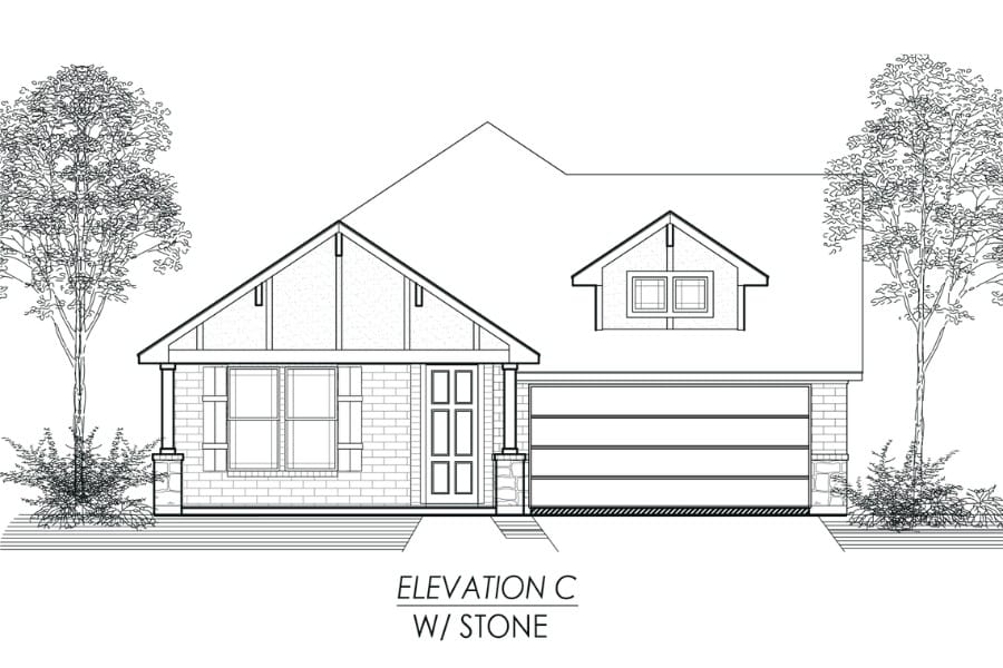 Architectural line drawing of a single-story house with stone accents and a double garage, labeled as "elevation c w/ stone".