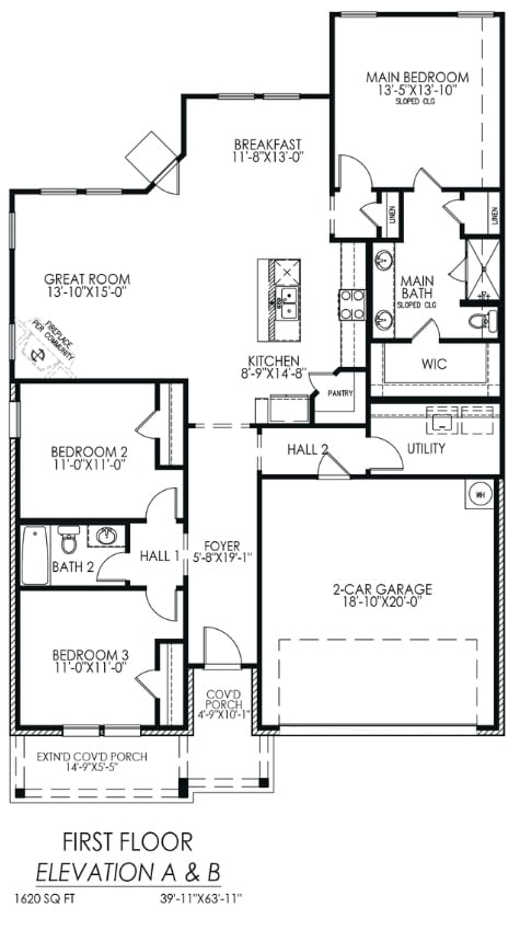Black and white architectural floor plan of a two-story residential house, highlighting room layouts, dimensions, and the placement of furniture on the first floor.