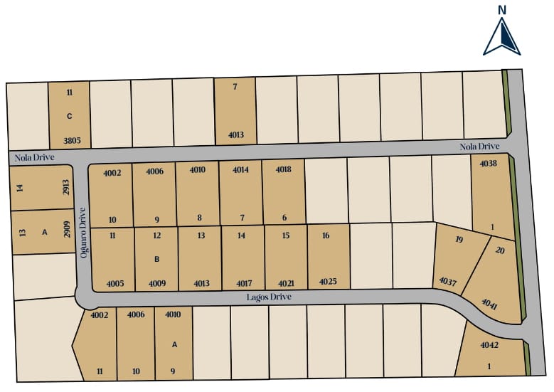Illustration of a simplified land plot map with numbered parcels along nola drive and lugus drive, featuring a directional compass indicating north.