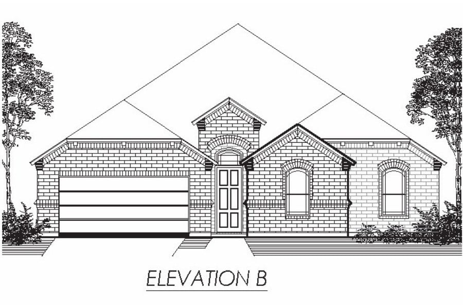 Architectural line drawing of the front elevation for a single-story residential building.