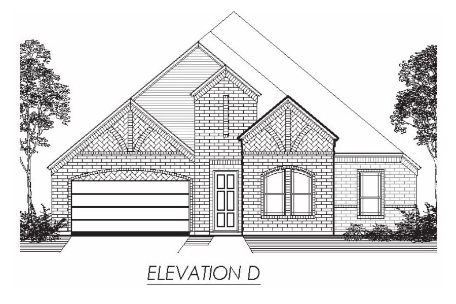 Architectural front elevation sketch of a single-story residential house with a gable roof and attached garage.