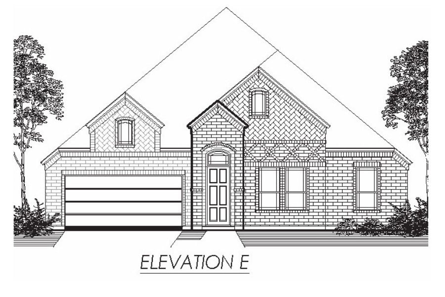 Front elevation drawing of a single-family house with a pitched roof and attached garage.