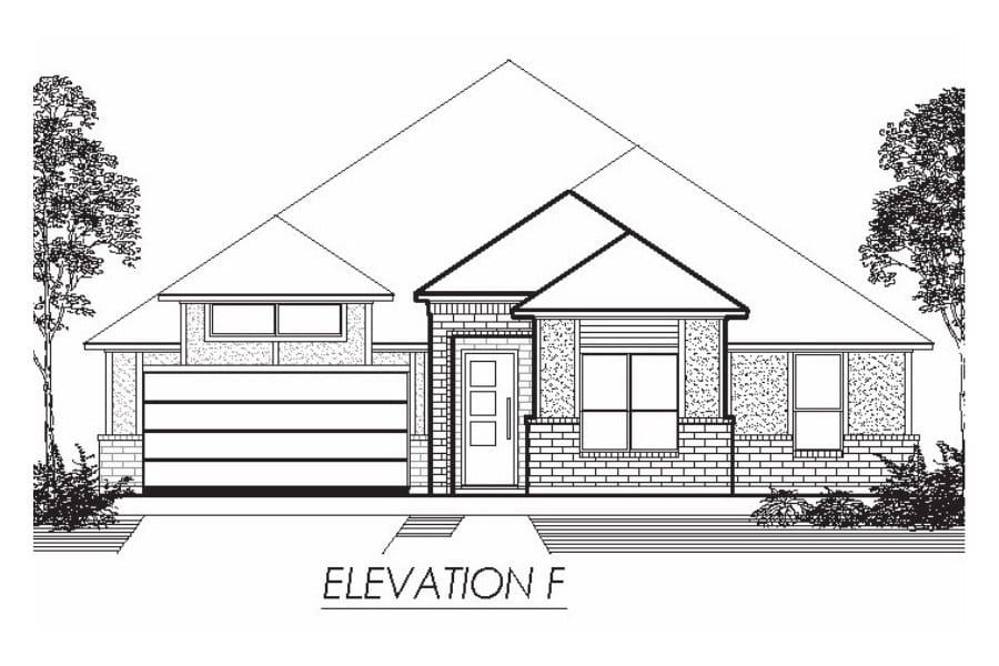 Architectural line drawing of the front elevation of a single-story house with a garage.