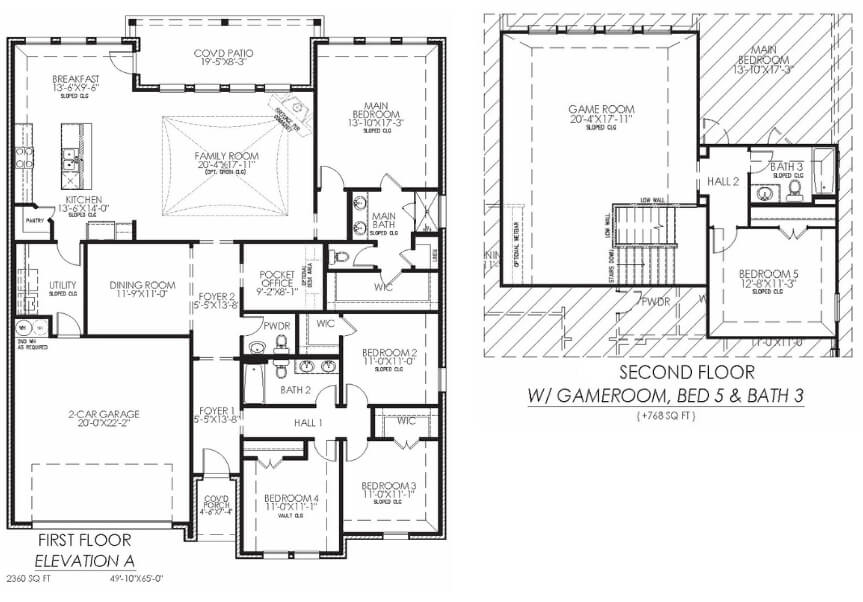 Architectural floor plan for a two-story residence showing detailed room layouts for both the first and second floors.