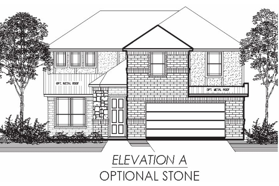 Architectural line drawing of a two-story house facade with optional stone detailing.