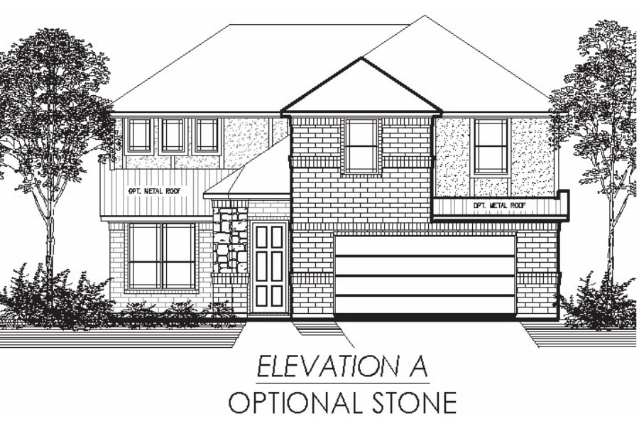 Architectural drawing of a two-story residential house with optional stone detailing.