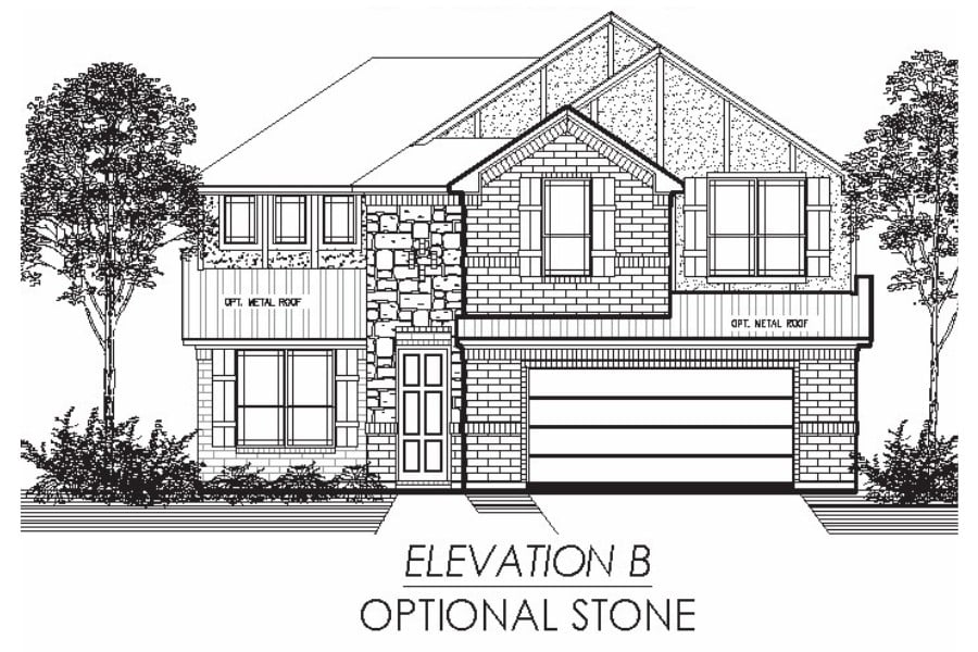 Black and white architectural drawing of a two-story residential house with an optional stone facade.