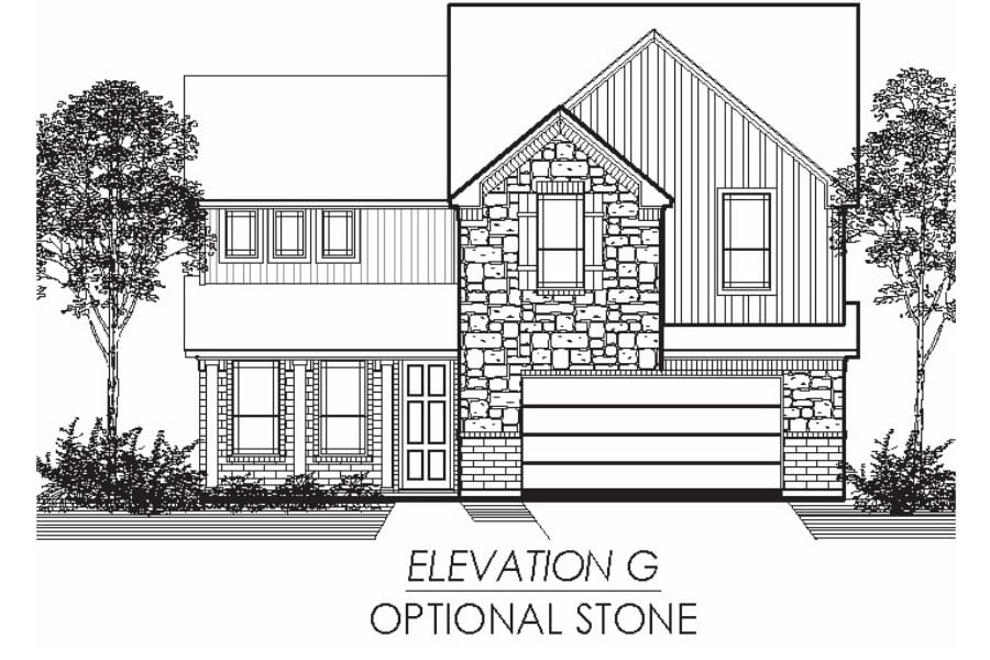 Architectural drawing of a two-story residential home with optional stone facade, labeled "elevation g.