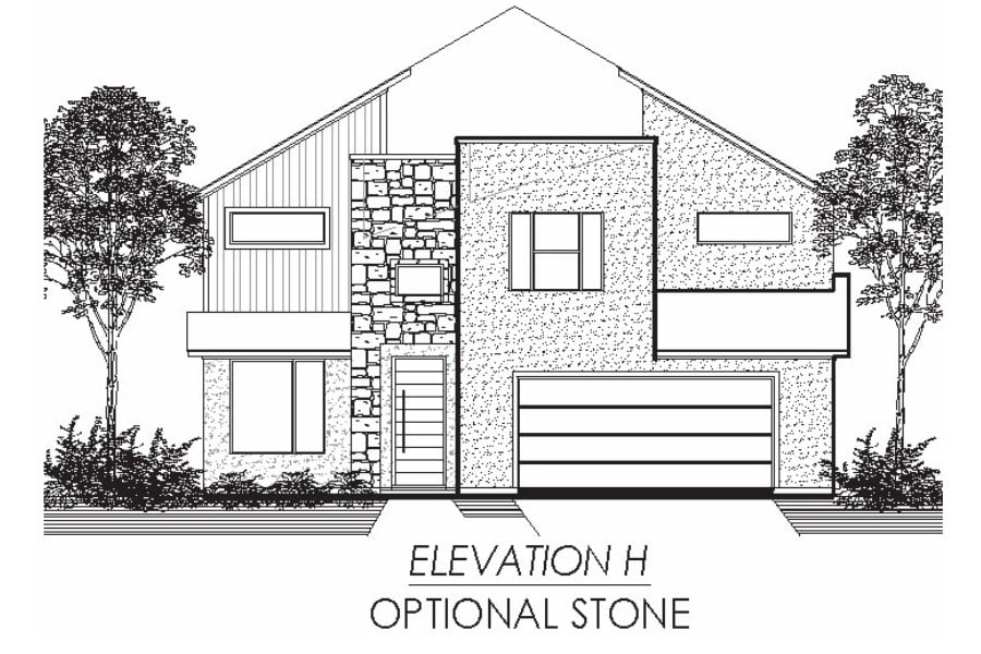 Architectural drawing of a modern two-story house with an optional stone facade feature.