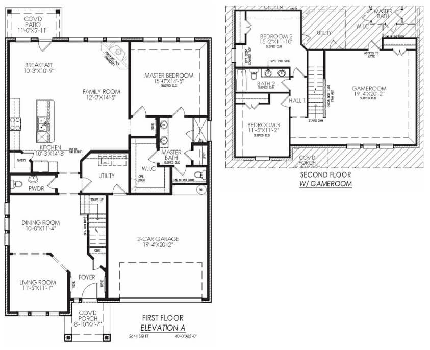 Architectural floor plans for a two-story house with labeled rooms and measurements.