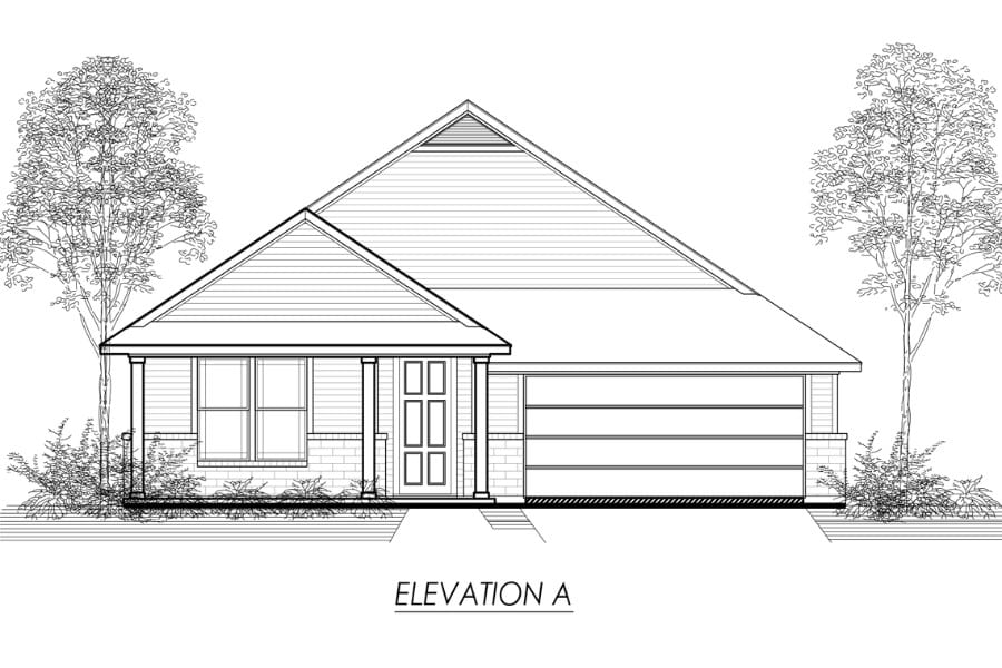 Architectural drawing of a single-story house with a gabled roof and attached garage, labeled "elevation a".