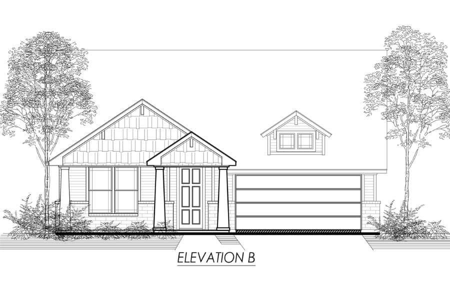 Architectural drawing of a single-story residential house facade, labeled 'elevation b'.