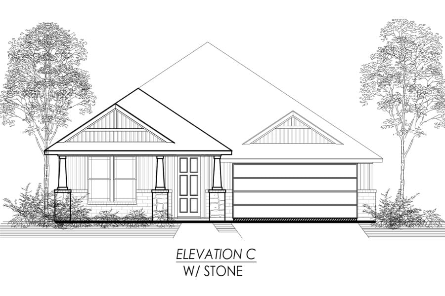 Architectural line drawing of a single-story house front elevation labeled "elevation c w/ stone".
