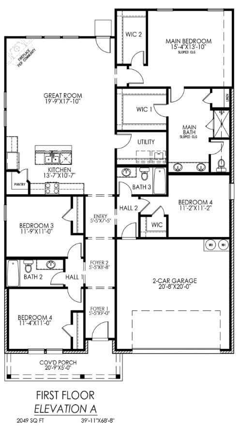 Architectural floor plan of a two-story residence featuring a main bedroom with en-suite, multiple bedrooms, a great room, kitchen, and a two-car garage.
