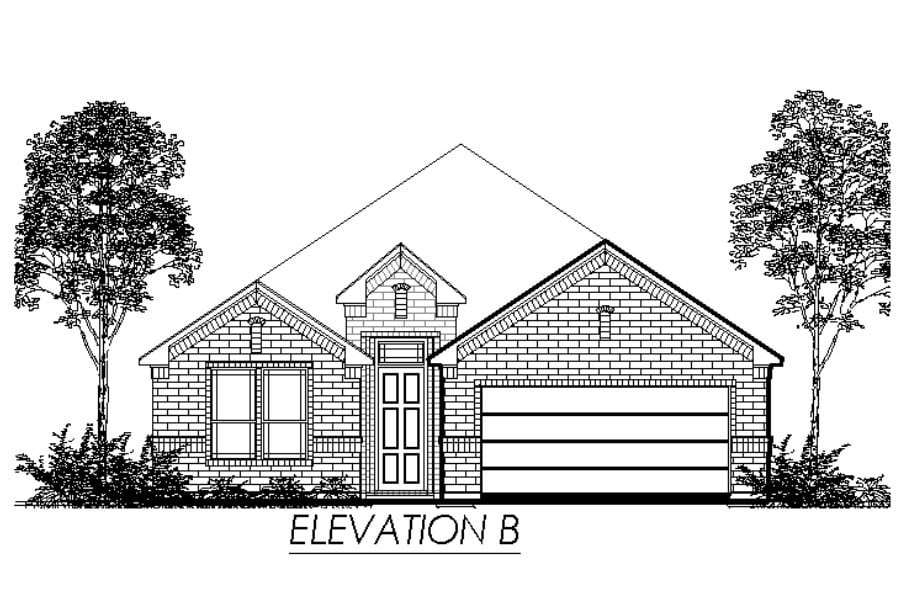Architectural line drawing of a single-story house with a two-car garage and trees labeled "elevation b".